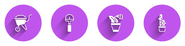 设置手推车与土，铲，花在锅和仙人掌佩奥特奥特图标长阴影。向量图片下载