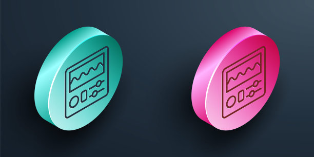 等距线滚筒机图标孤立在黑色背景上。音乐设备。绿松石和粉色圆形按钮。向量图片下载