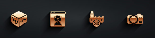 集等距立方体，3D打印机，印刷厂和照相图标长阴影。向量图片下载