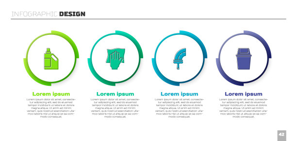 清洗剂瓶，清洁服务，橡胶清洗机和垃圾桶。业务信息图表模板。向量图片下载