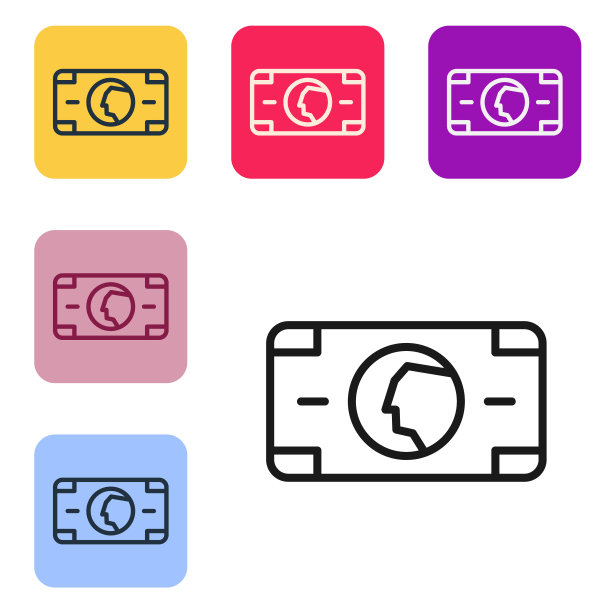 黑线堆纸币现金图标孤立在白色背景。钞票成堆。比尔的货币。设置图标为彩色方形按钮。向量图片下载