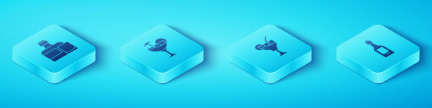 集等距威士忌酒瓶和玻璃，鸡尾酒，香槟和图标。向量图片下载