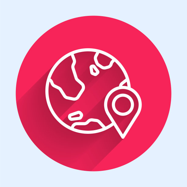 白线在地球仪图标上的位置与长阴影隔离。世界或土象星座。红色圆圈按钮。向量图片下载