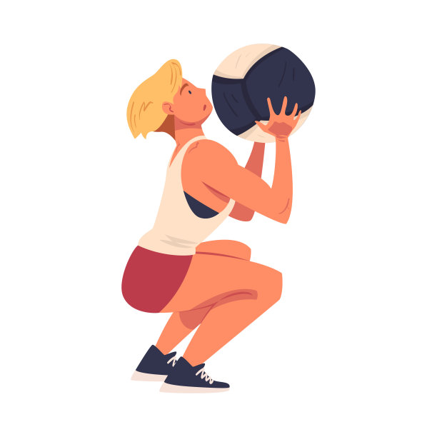 交叉健身锻炼与女子蹲下与医学球做体育锻炼矢量插图图片下载