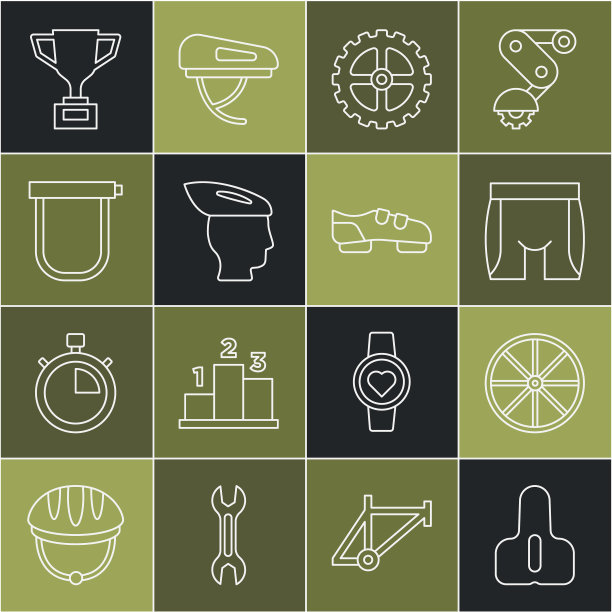 集线自行车座椅，车轮，自行车短裤，链轮曲柄，头盔，锁，奖杯与自行车和鞋子图标。向量图片下载