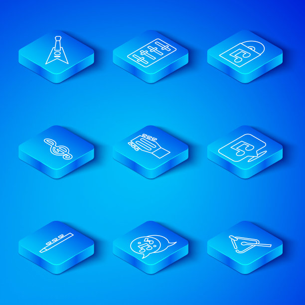 设置线鼓和鼓棒，吉他，音符，音调，黑胶唱片，高音谱号，电低音吉他和三角图标。向量图片下载