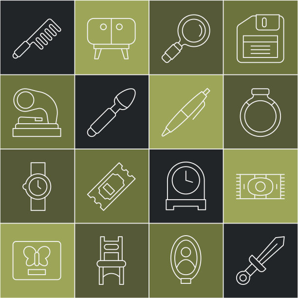 集线中世纪剑，经典地毯，金戒指，放大镜，银勺，旧留声机，发刷和笔图标。向量图片下载