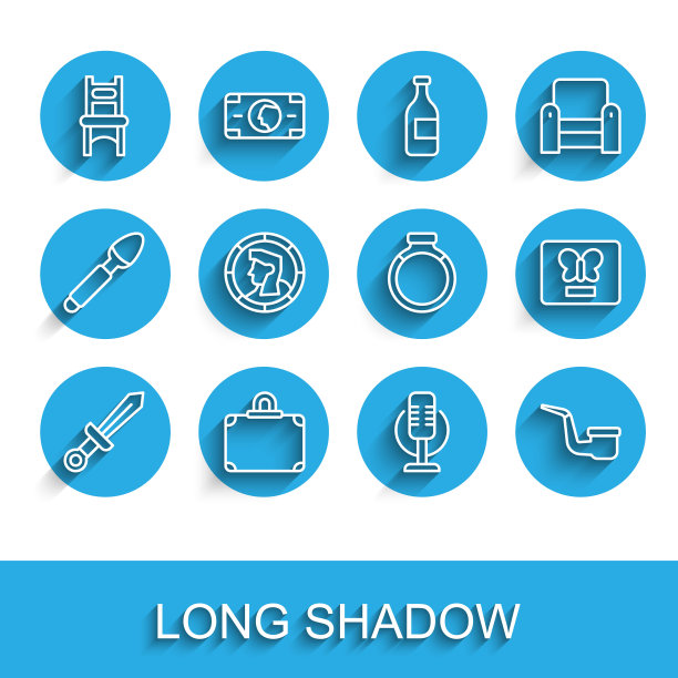 集线中世纪剑，手提箱，椅子，麦克风，吸烟管，古钱币，蝴蝶框架和金戒指图标。向量图片下载