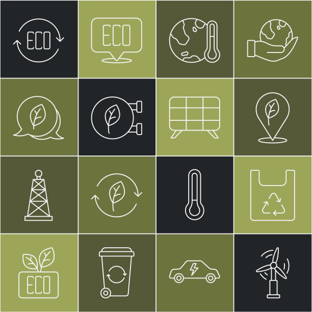 设置线风力涡轮机，购物袋与回收，位置叶子，地球融化到全球变暖，生态商店，叶子符号，和太阳能面板图标。向量图片下载