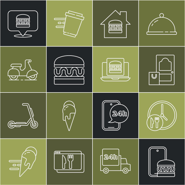 在线订购和送货，24小时，汉堡，滑板车，汉堡和图标。向量图片下载