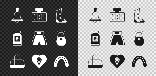 集拳击钟，运动机械记分牌，拳击鞋，袋，手套，护嘴拳击手，能量饮料和短图标。向量图片下载