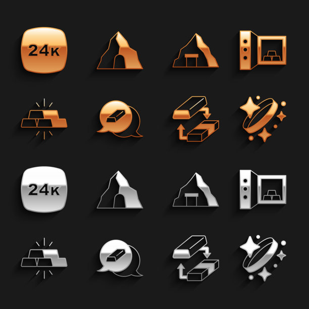 设置金条，安全与黄金，戒指，兑换钱，矿山，24k和图标。向量图片下载