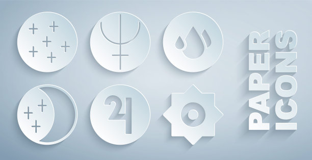 集符号木星，水滴，日食的太阳，陨星，海王星行星和满月图标。向量图片下载