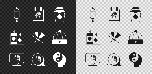 中国纸灯笼、新年、蜂蜜罐、阴阳符号、烟花和传统扇子图标矢量图图片下载