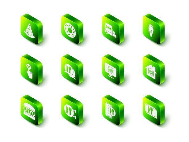 集甜甜圈，快速送货，汽车，冰淇淋，在线订购和，汉堡，和咖啡馆餐厅的位置图标。向量图片下载