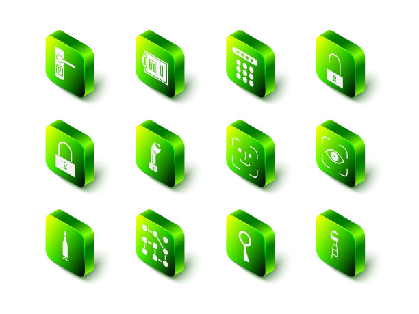 设置安全，密码保护，打开挂锁，眼睛扫描，瞭望塔，人脸识别，旧钥匙和图形密码图标。向量图片下载