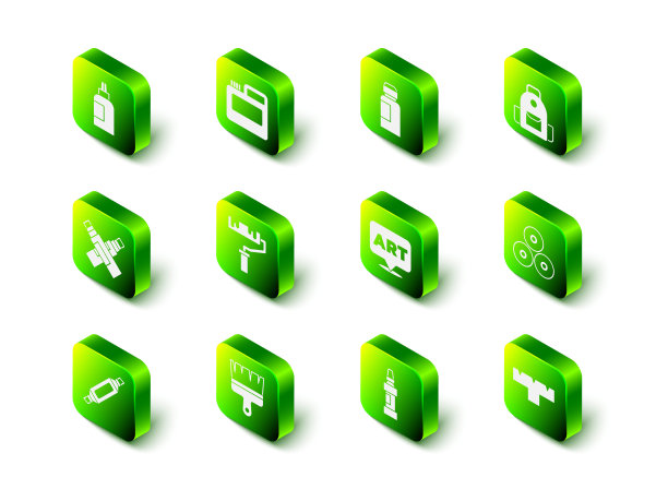 设置油漆，水粉，罐子，染料，学校背包，喷雾罐，记号笔附件，语音气泡与文字艺术，和画笔图标。向量图片下载