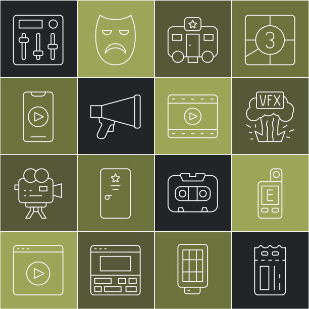 设置线电影票，测光表，视觉特效，演员预告片，扩音器，在线播放视频，混音控制器和播放视频图标。向量图片下载