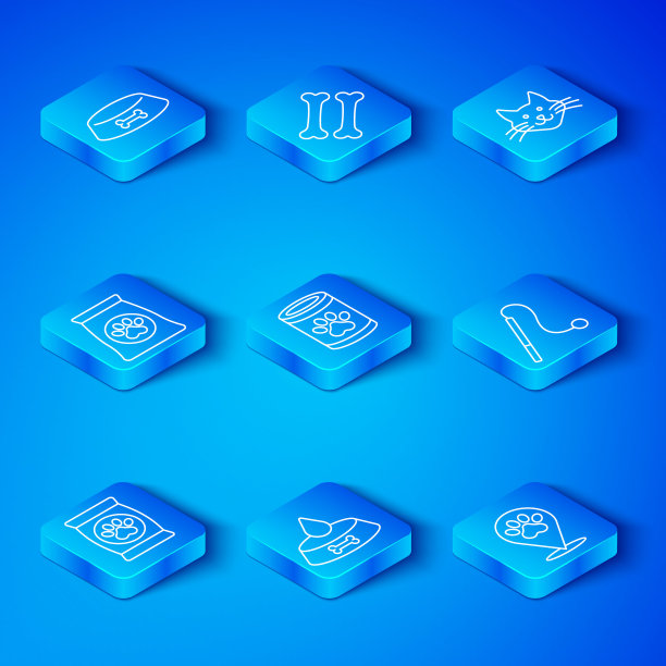 集线袋食品的宠物，罐头，宠物碗猫狗，玩具，猫，和位置兽医医院图标。向量图片下载