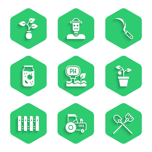 设置土壤ph值测试，拖拉机，铲子，花盆，花园栅栏木制，果酱罐，镰刀和图标。向量图片下载