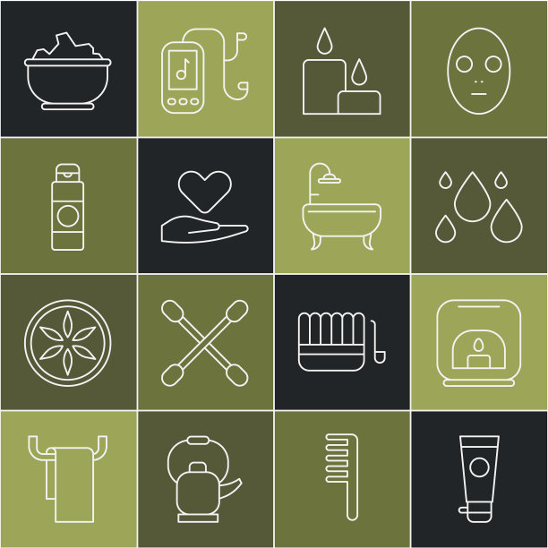 设置线乳霜或乳液化妆品管，香气灯，水滴，燃烧的蜡烛，心的手，海盐碗和浴缸图标。向量图片下载