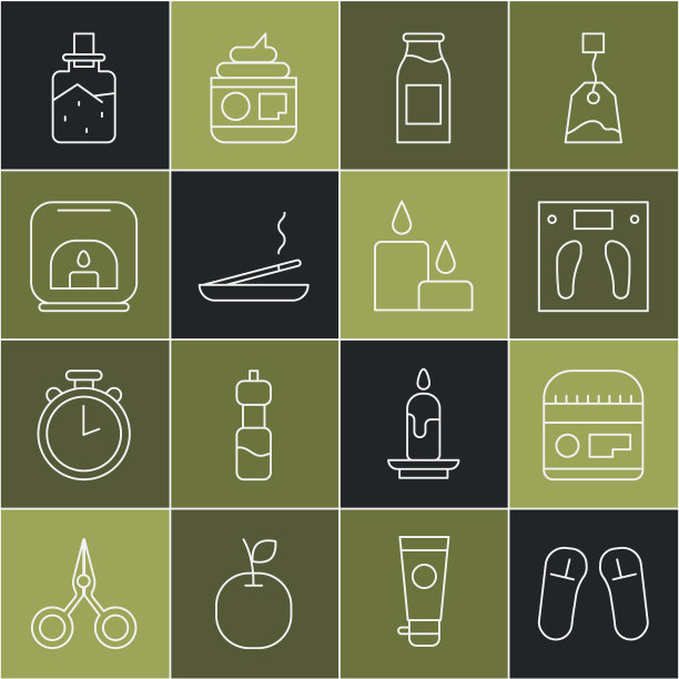 设线拖鞋，乳霜或乳液化妆品管，浴室秤，奶瓶，香薰水疗棒，香薰灯，水疗盐和燃烧的蜡烛图标。向量图片下载