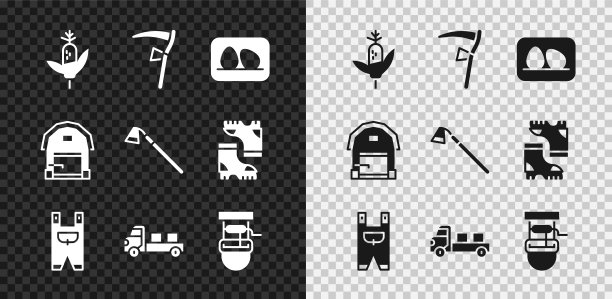 设置玉米，镰刀，鸡蛋，花园工人的衣服，皮卡车，井与桶，农场的房子和锄头图标。向量图片下载