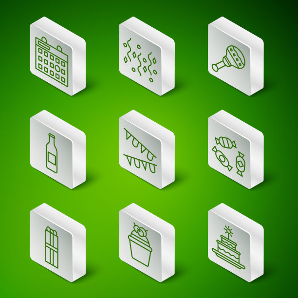 设定线蛋糕与燃烧的蜡烛，生日日历，嘉年华花环旗帜，啤酒瓶，节日纸屑，礼盒和糖果图标。向量图片下载