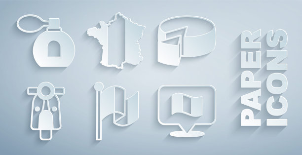 集旗法国，奶酪，摩托车，地图和香水图标。向量图片下载