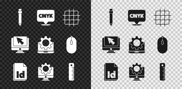 集铅笔与橡皮擦，语音气泡文本CMYK，网格方格纸，ID文件文件，计算机显示器和齿轮，尺子，光标和笔记本电脑图标。向量图片下载
