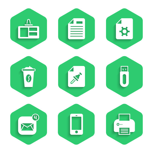 设置笔记纸按按钮，手机，打印机，USB闪存驱动器，信封，咖啡杯去，文件设置和识别徽章图标。向量图片下载