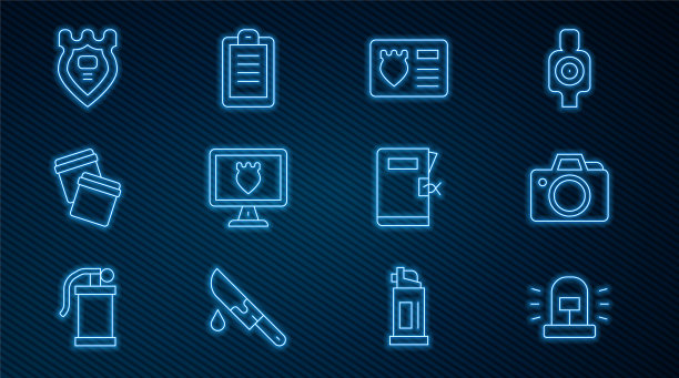 设置线闪光警笛，照相机，警察徽章与身份案件，数据库，塑料袋自封，站文件夹和报告图标。向量图片下载