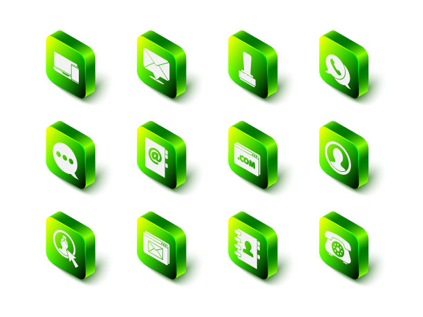 设置信封，邮票，电话与语音气泡聊天，创建帐户屏幕，网站模板，地址簿和信封图标。向量图片下载