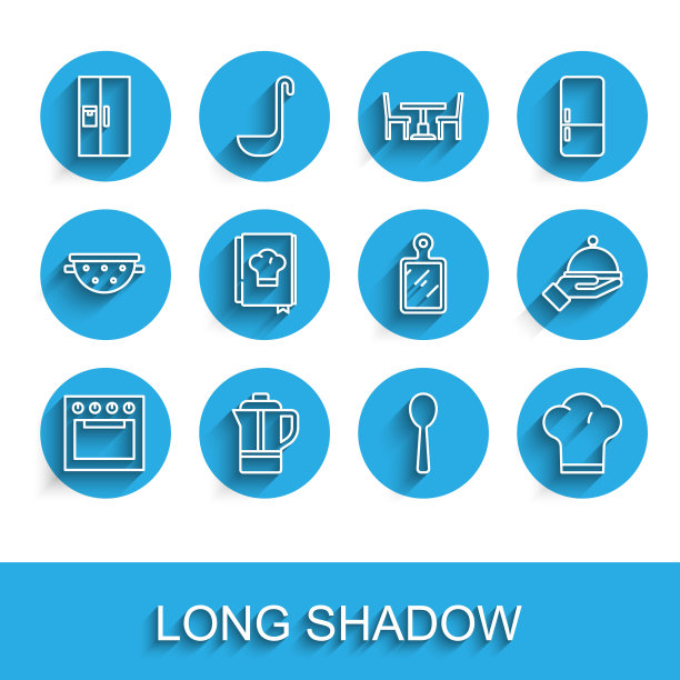 设置线烤箱，茶壶，冰箱，勺子，厨师帽，食谱，覆盖托盘和砧板图标。向量图片下载