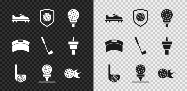 集高尔夫鞋，球与盾牌，在tee，俱乐部，遮阳板帽和图标。向量图片下载