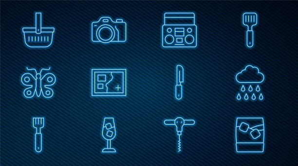 集线玻璃杯威士忌与冰，云雨，家庭立体声两个扬声器，折叠地图，蝴蝶，野餐篮，刀和照片相机图标。向量图片下载