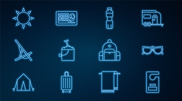 请不要打扰，眼镜，瓶装水，带铲子的桶里的沙子，日光浴床，徒步背包和护照签证盖章图标。向量图片下载