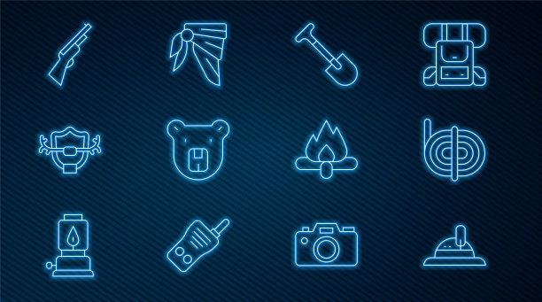 设置线猎人帽，登山者绳，铲子，熊头，鹿角上的盾牌，狩猎枪，篝火和手帕或摩托车围巾图标。向量图片下载