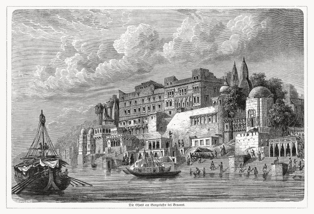 印度瓦拉纳西(贝拿勒斯)的高铁，木刻，1868年出版图片下载