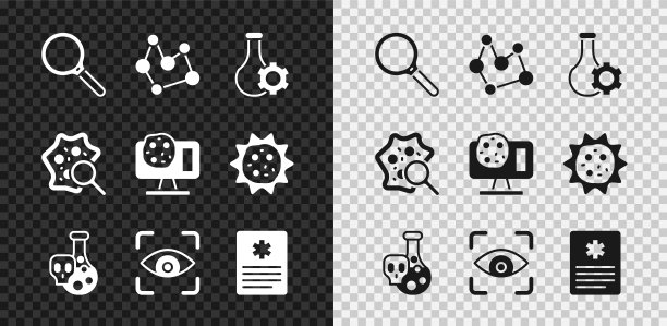 设置放大镜，化学配方，试管，有毒液体，眼睛扫描，患者记录，放大镜下的微生物和基因工程图标。向量图片下载