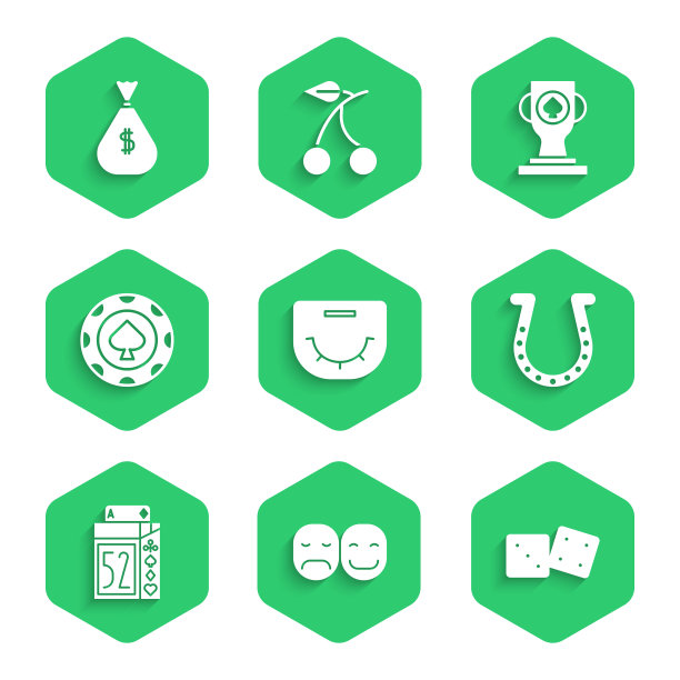 集扑克桌，玩家，游戏骰子，马蹄铁，扑克牌，赌场筹码，扑克奖杯杯和钱袋图标的甲板。向量图片下载