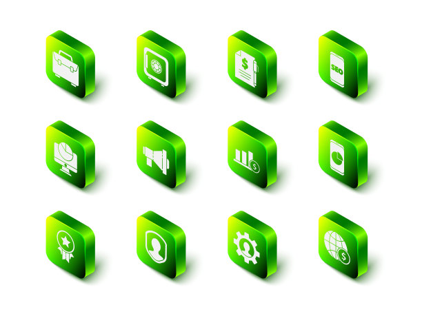 集安全，合同钱和笔，手机SEO优化，图表，地球美元，饼信息图，人的齿轮里面和用户保护图标。向量图片下载