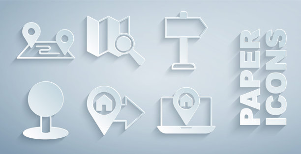 设置位置与房子，道路交通标志，推针，城市地图导航，搜索位置和路线图标。向量图片下载