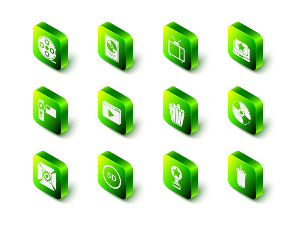 集CD盘奖在框架，复古电视，笔记本电脑与星星，或DVD，纸玻璃水，爆米花盒，电影奖杯和5d虚拟现实图标。向量图片下载