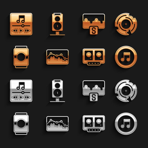 设置音乐波均衡器，黑胶磁盘，笔记，音调，DJ遥控器和混合音乐，啤酒罐，播放器和立体声扬声器图标。向量图片下载