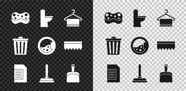 集海绵，马桶，毛巾架，洗衣粉，橡胶柱塞，簸箕，垃圾桶和洗衣机图标。向量图片下载