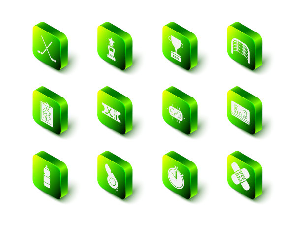 集奖杯，冰球目标，冰球机械记分牌，交叉绷带石膏，表，秒表和哨子图标。向量图片下载