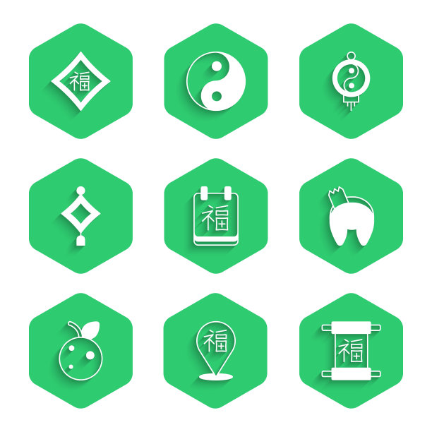 中国春节、幸运饼干、桃子、纸灯笼图标矢量素材图片下载