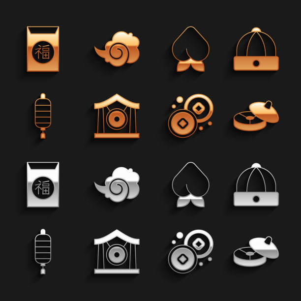 集锣乐器、礼帽、茶道、元币、纸灯笼、桃果或油桃、新年及魔雾烟icon。向量图片下载