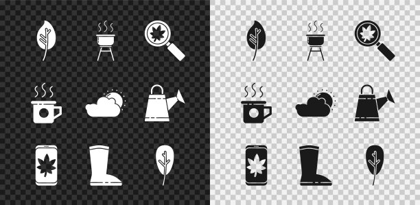 集叶子或叶子，烧烤架，带叶子的放大镜，手机，防水橡胶靴，茶杯茶和太阳和云天气图标。向量图片下载